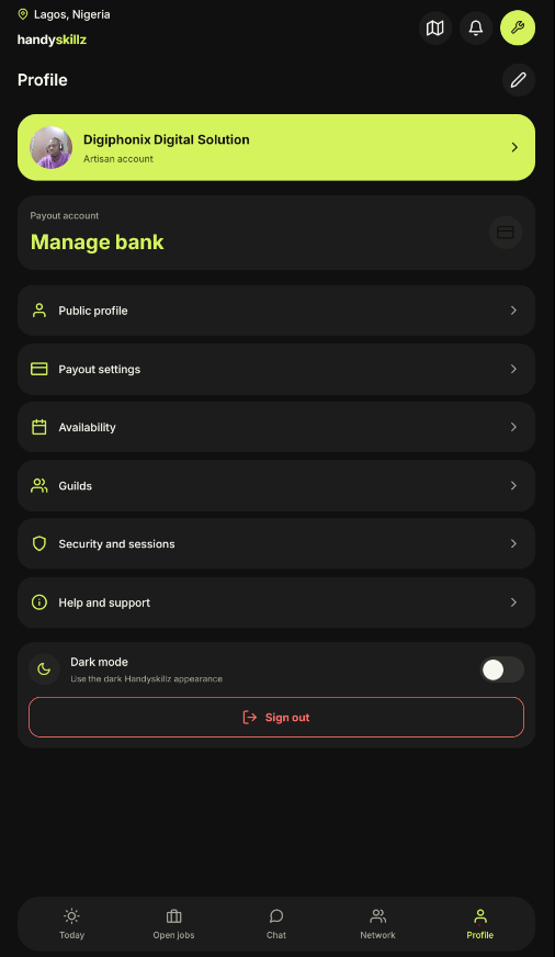 Handyskillz professional account and profile controls