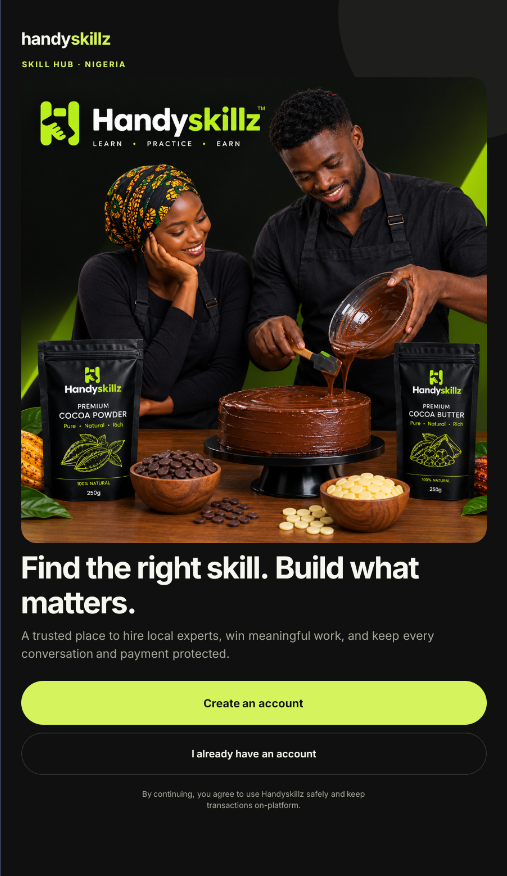 Handyskillz welcome screen featuring local skilled professionals